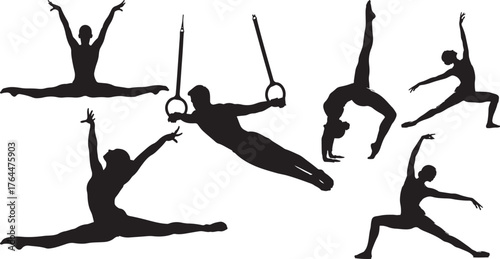 Dynamic gymnastics silhouettes capturing athleticism strength flexibility and artistic movement