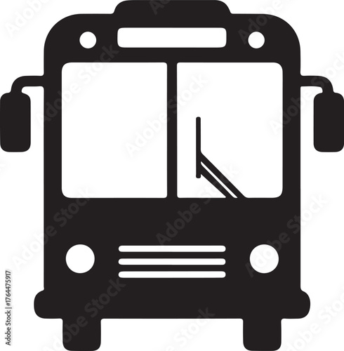 A clear and simple front-facing icon of a bus rendered in black. This graphic represents public transport, travel, and journeys, ideal for various design applications..eps