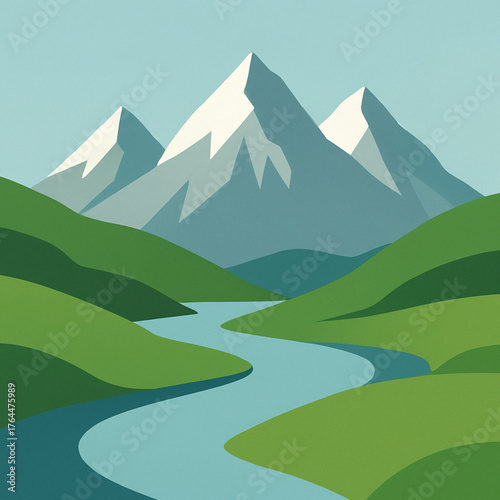 Serene alpine vista with winding river and majestic snow-capped mountains