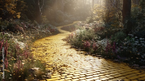 Winding yellow brick road through a sunlit forest. Enchanted path leading into a magical woodland. Fairytale journey concept.