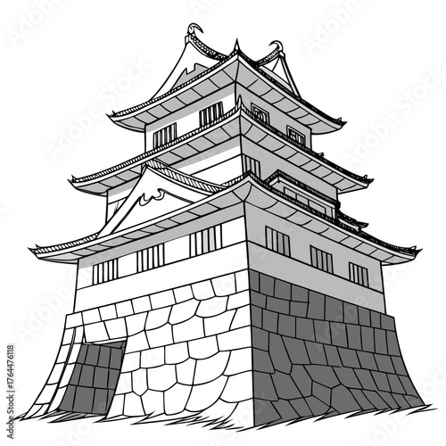 Marugame Castle Vector Illustration Stone Base Fortress. Perfect for architectural posters, tourism branding, Japanese cultural heritage
