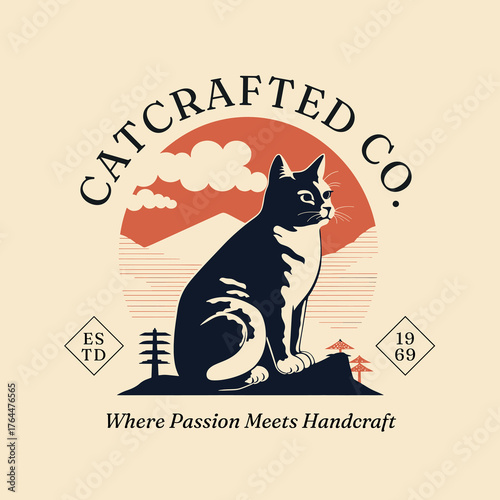 Vintage cat-themed handcrafted logo template vector
