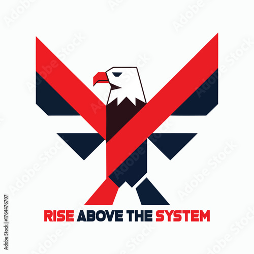 Stylized eagle with red and blue wings and rise above the system text