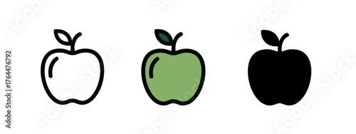 Three Apple Icons with Differing Styles on a White Background Showing Fruit