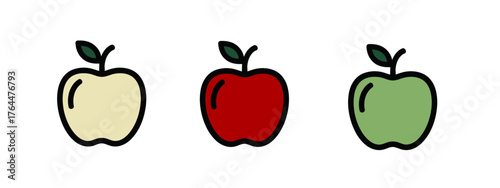 Three cartoon apples in yellow, red and green with black outlines on a seamless white background