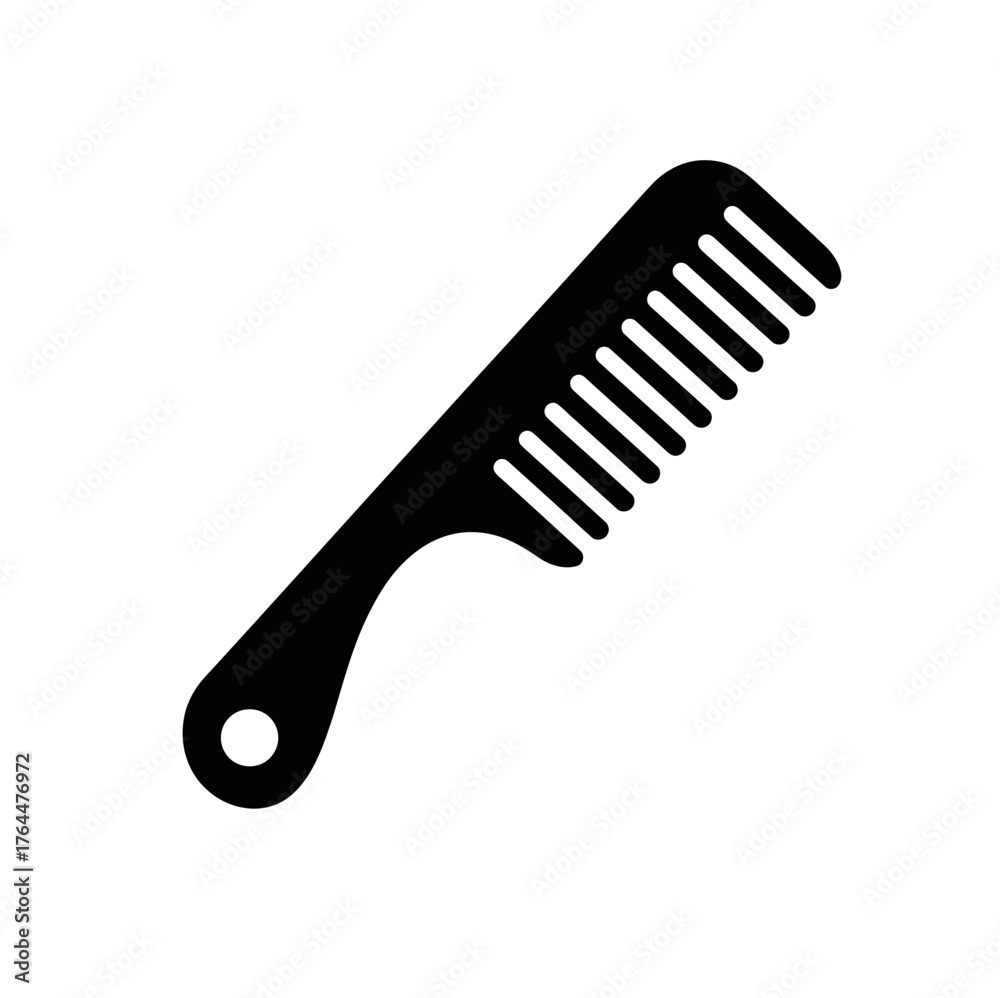 Stylized black plastic comb with handle isolated against white backdrop Stylized black plastic comb with handle isolated against white backdrop
