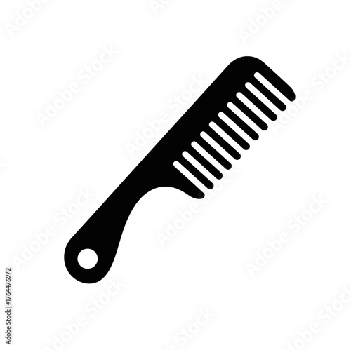 Stylized black plastic comb with handle isolated against white backdrop