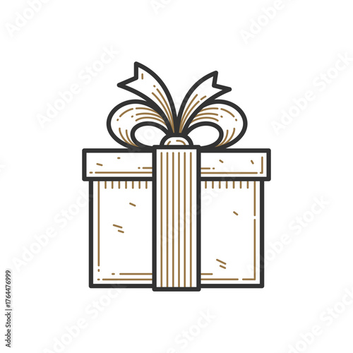 Elegant Line Art Gift Box Vector Illustration with Golden Bow. Modern Minimalist Present Icon for Celebrations, Holidays, Birthdays, and Special Occasions.