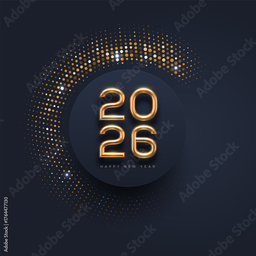 Modern 2026 New Year Celebration Vector. Elegant Golden 3D Numbers with Dark Background and Minimalist Glitter Particle Swirl Design.