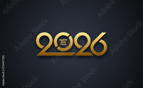 Elegant 2026 New Year. Golden Minimalist Typography with Subtle Shadow on Dark Background. Vector illustration.