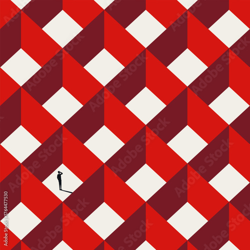 Abstract, minimalist vector art illustrating a lone business professional navigating a complex, repetitive labyrinth of cubicles. A visual metaphor for corporate confusion and the daily grind.