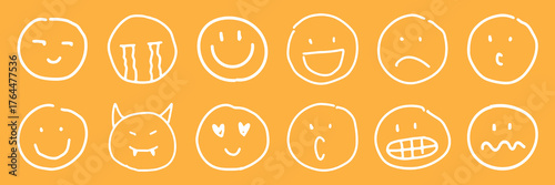 Set of 12 hand-drawn emoticons on orange background. Emoticons express various emotions like happiness, sadness, and surprise. Simple emoticons, expressive emoticons. White doodle elements, vector set