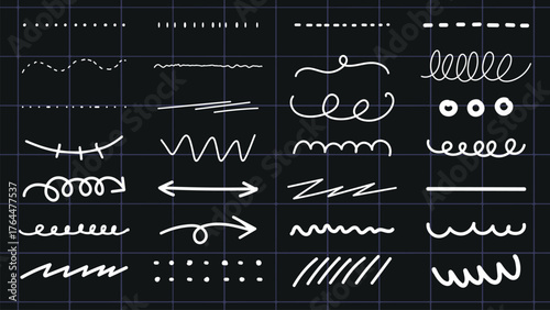 Collection of white line patterns on a dark grid background. Various line styles include wavy, zigzag, and dotted. Line patterns for design projects. White doodle elements, vector set.