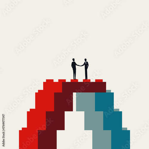 Conceptual vector illustration of two business professionals completing a deal with a handshake, symbolizing a successful merger, partnership, or acquisition via building a structural bridge of blocks