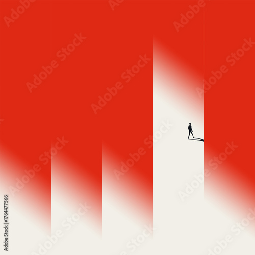 A strong visual metaphor for finding an opportunity or the entrance to a successful career. A business silhouette steps through a bright, glowing opening in a solid, red barrier.