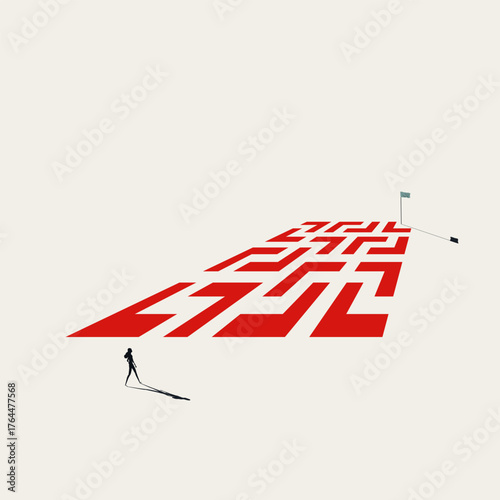 Minimalist vector illustration of a person standing before the entrance to a complex red maze, with a flag marking the end. Represents a challenge, a business strategy, or a goal-setting journey.