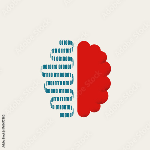 Conceptual vector illustration of a human brain split between a biological side and an AI/digital side with flowing binary code. Represents the merger of human and artificial intelligence.