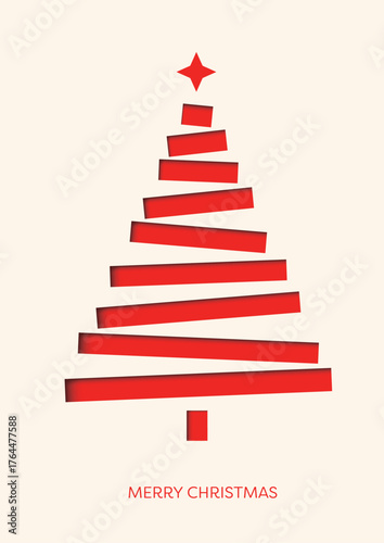 Simple, modern, and elegant holiday vector art. An abstract Christmas tree design formed by stacked red cut-out shapes with a small white star on top, perfect for minimalist holiday cards or banners.