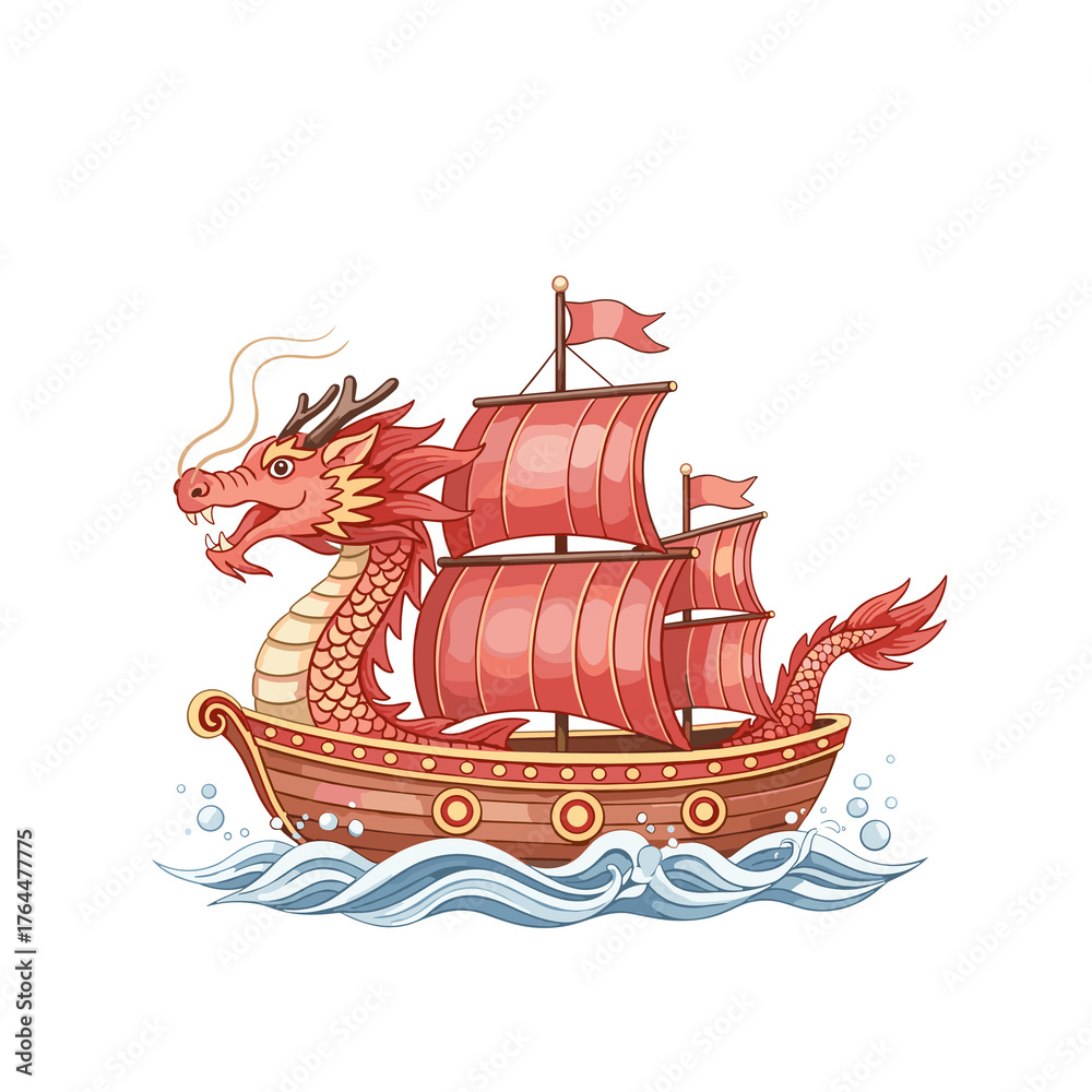 Fototapeta premium Traditional dragon boat with red sails on waves. Lunar New Year parade theme, cultural heritage, festive folklore design, maritime storytelling, asian celebration and event branding