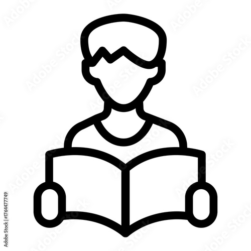 Student guy with magazine line icon, learners literature concept. Vector graphics. Man with book in hands, education sign on white background, style icon mobile or web design.