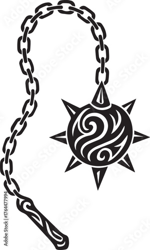 Tribal tattoo design of a spiked flail weapon symbolizing destruction and force.
