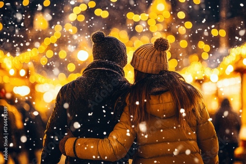 Faceless couple walking through a festive Christmas market. A warm winter evening filled with lights and joy.