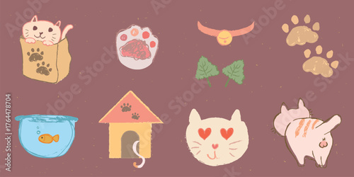 Cute cat illustrations featuring paws, a cat in a box, a fishbowl, a cat house, and playful cat faces. Adorable cat-themed elements for pet lovers. Cute pet illustrations vector set.