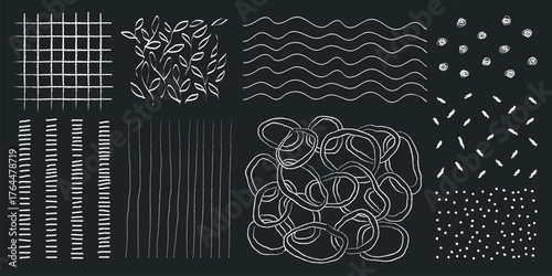 Chalkboard doodles with abstract patterns: lines, waves, leaves, dots. White chalk lines on blackboard. Doodles with lines, waves, dots. Abstract chalkboard art. Hand drawn patterns, vector set.