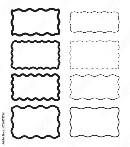 Set of wavy rectangle frames with hand-drawn borders. Minimal outline shape collection for labels, notes, and decorative design use.