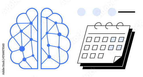 Brain with neural connections and a calendar with marked days. Ideal for productivity, organization, time management, neuroscience, mental clarity, cognitive studies, analytical thinking. Simple flat