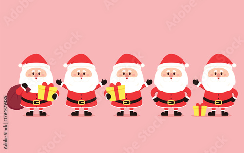 Happy Santa Claus character with gift, Waving and greeting. Cartoon Christmas illustrations vector. For Christmas cards, banners.