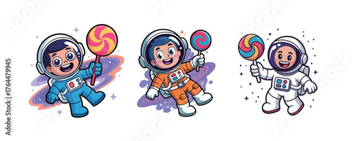 Joyful cartoon astronauts explore space with colorful lollipops, sparking imagination and wonder for children's content