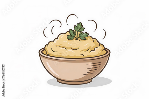 A bowl of creamy mashed potatoes, garnished with fresh herbs, steaming gently.