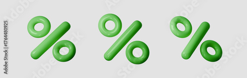 3D green percent icon symbol for discount, percentage and sale. Isolated render illustration for coupon, promotion, voucher, shopping, retail and commerce. Percent design element for business