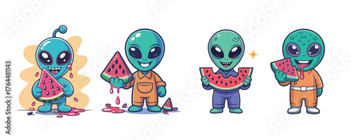 Adorable cartoon aliens gleefully enjoying juicy watermelon slices, perfect for summer fun and whimsical designs