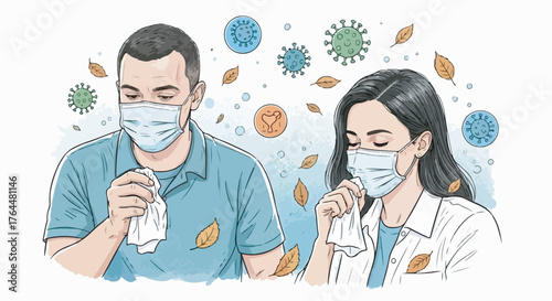 illustration showing people wearing masks, coughing, and using tissues, surrounded by floating virus icons and autumn leaves