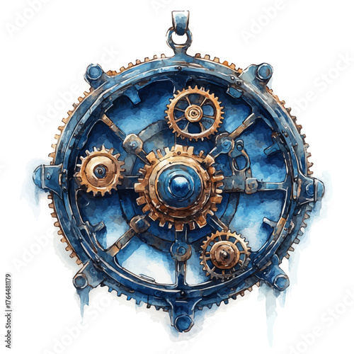 Steampunk Gear Pendant, watercolor vector, isolated on a white background.