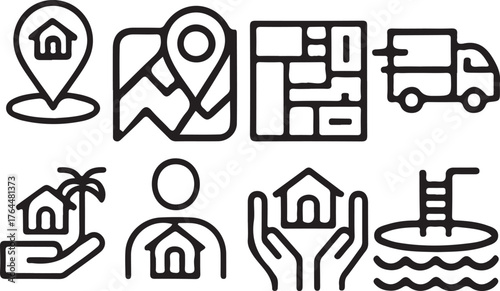 Diverse real estate icons for property listings websites and apps location floor plans and security