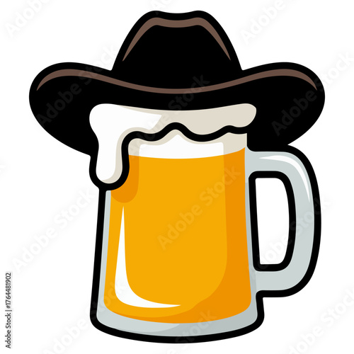 A beer mug with a cowboy hat on top, creating a playful and humorous image. The beer is overflowing with foam