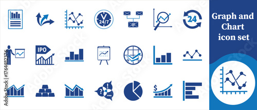 Graph and chart icon set, graph icon, chart icon, data analysis, statistics icon, bar chart, pie chart, line graph, area chart, histogram icon, infographic icon and more