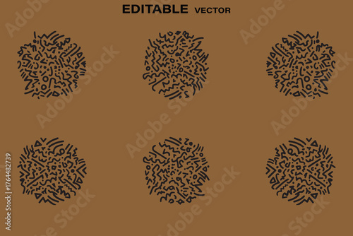 Six abstract fingerprint patterns in black on a brown background
