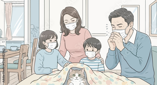 illustration of a family inside their home, one sneezing while others wear masks, a cat hiding under the blanket