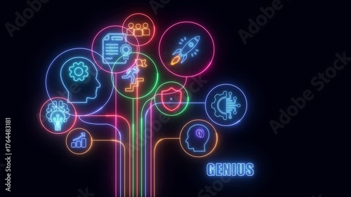 Wallpaper Mural business shows glowing neon line banner of GENIUS concept with icons of responsibility, customers, integrity, goals, teamwork, commitment and innovation isolated on transparent background. Torontodigital.ca