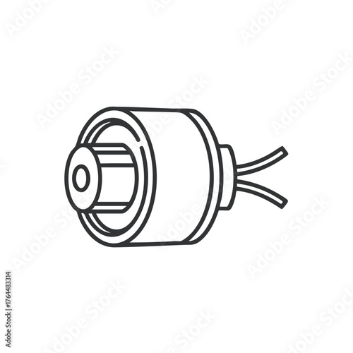 Minimalist line drawing of a cylindrical fuel pump or motor component with two wire leads extending from the side clean vector outline style.