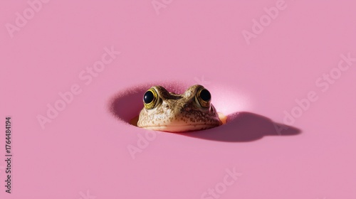 Cute Frog with Large Eyes Peeking Out of a Hole in a Bright Pink Background