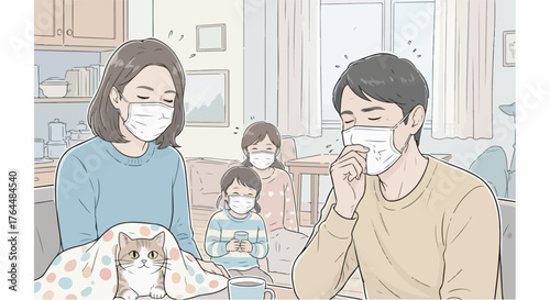 illustration of a family inside their home, one sneezing while others wear masks, a cat hiding under the blanket