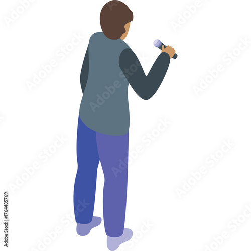 Pixelated isometric view of a person holding a microphone and singing on a white background
