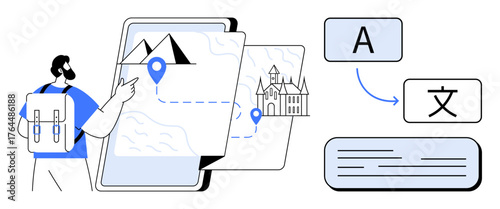 Traveler with backpack interacting with digital maps featuring landmarks and location pins, alongside a language translation feature. Ideal for travel, tourism, mapping, exploration, multilingual