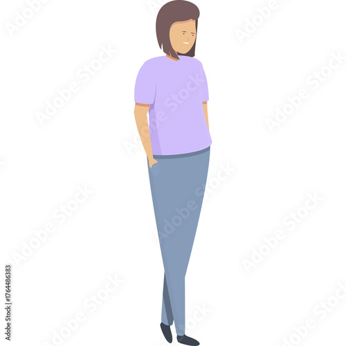 Pixelated Cartoon of a Woman Wearing a Light Purple T-Shirt and Gray Pants Standing with Hands in Pockets Against a White Background
