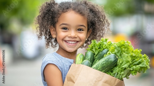 Smiling Child Carries Groceries: Healthy Eating and Fresh Produce Concept
